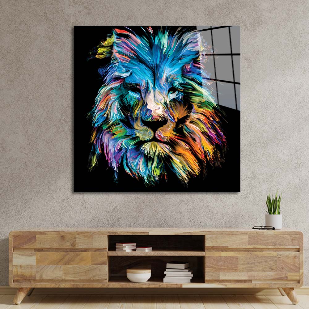 Abstract Blue Lion Glass Wall Art