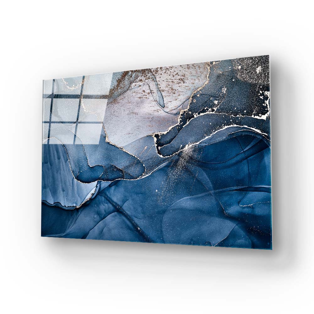 Abstract Blue and Grey Marble Glass Wall Art