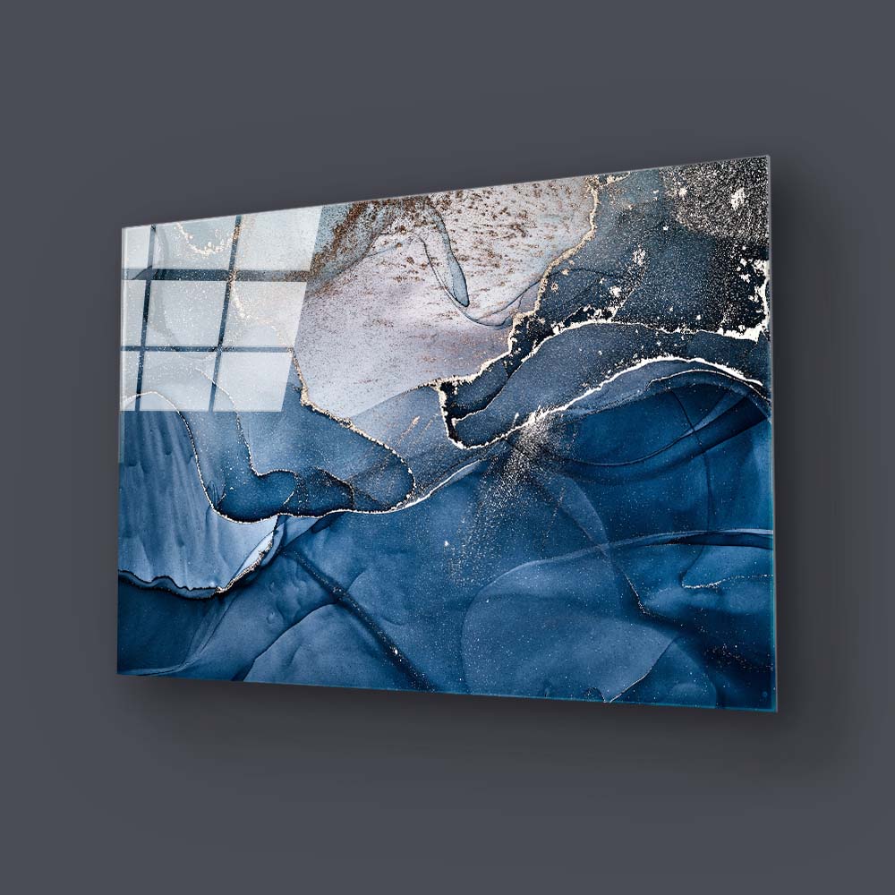 Abstract Blue and Grey Marble Glass Wall Art
