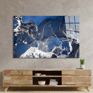 Abstract Blue and Silver Alcohol Ink Marble Glass Wall Art
