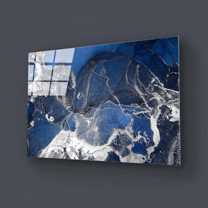 Abstract Blue and Silver Alcohol Ink Marble Glass Wall Art