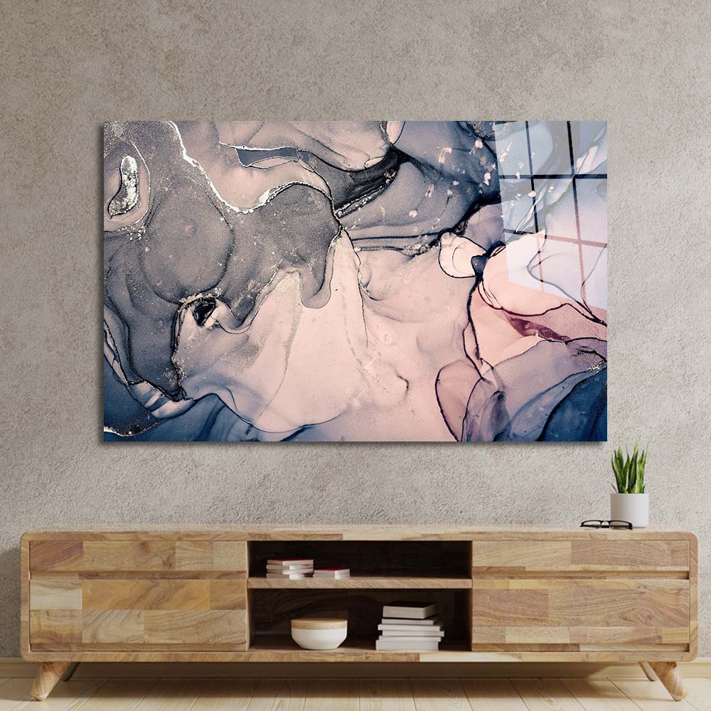Abstract Light Blue and Baby Pink Alcohol Ink Marble Glass Wall Art
