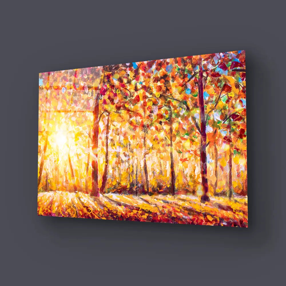 Autumn Panorama Sunny Forest Trees Glass Wall Art