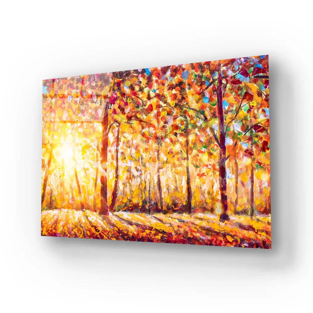 Autumn Panorama Sunny Forest Trees Glass Wall Art