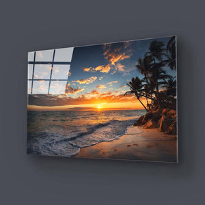 Beach Sunset with Palm Trees Glass Wall Art