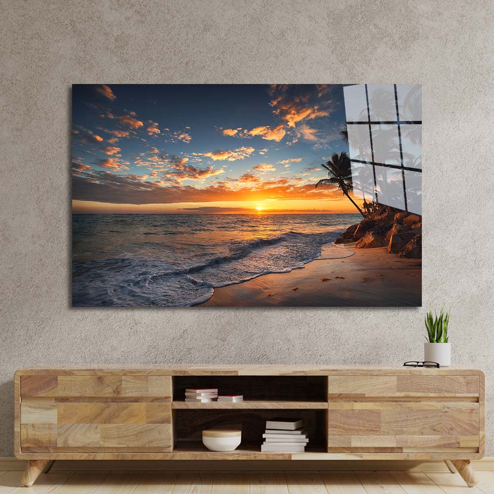 Beach Sunset with Palm Trees Glass Wall Art