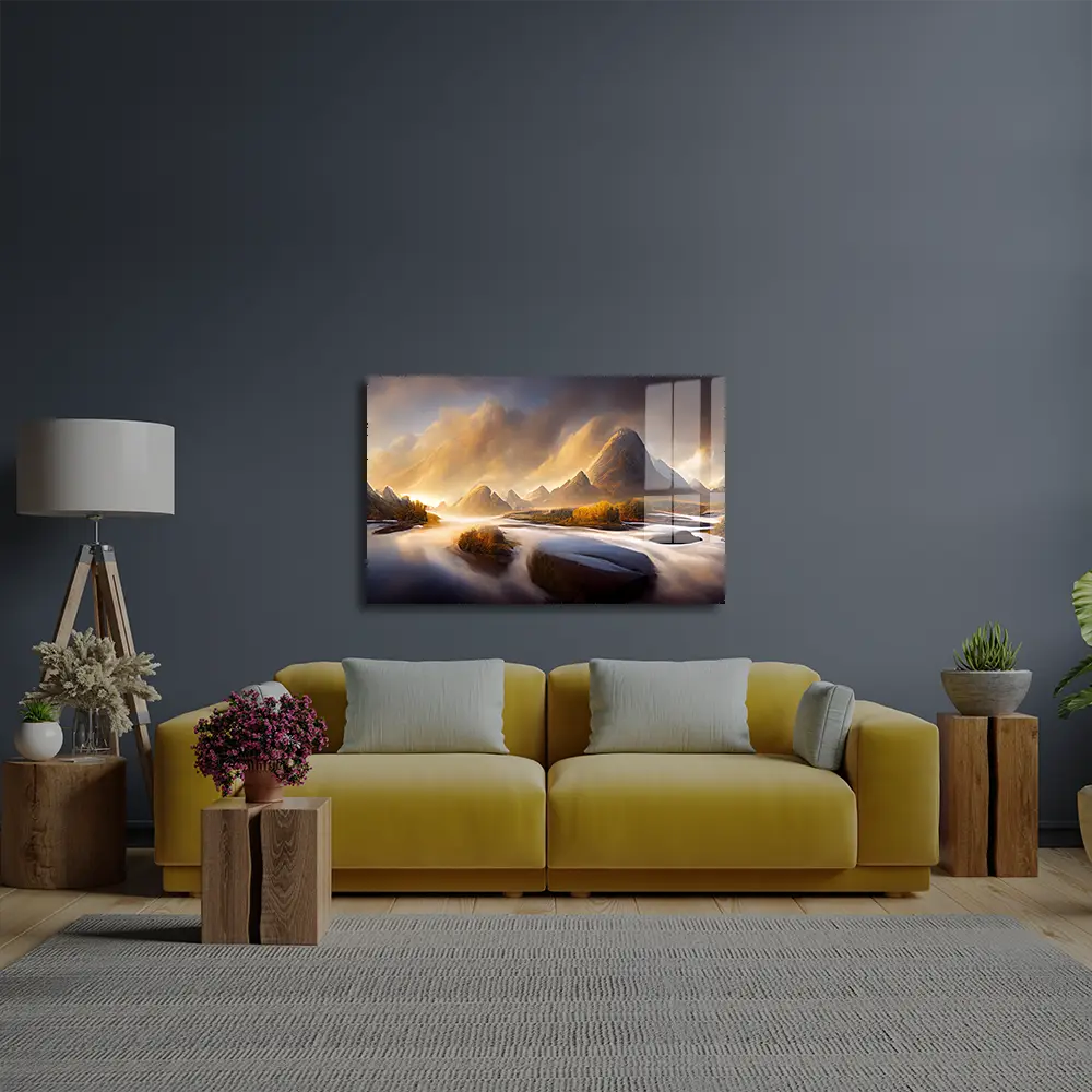 Beautiful Landscape Blue Sky Mountain River Glass Wall Art