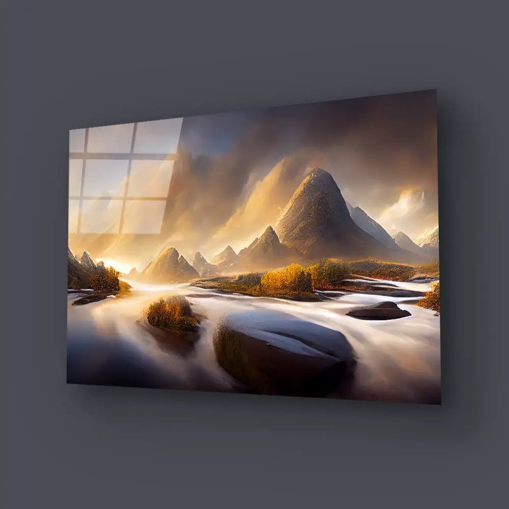 Beautiful Landscape Blue Sky Mountain River Glass Wall Art