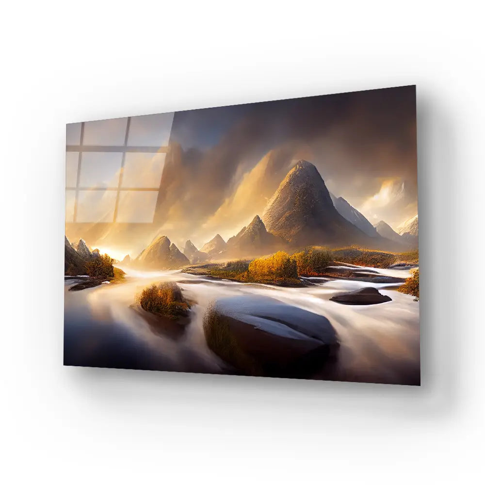 Beautiful Landscape Blue Sky Mountain River Glass Wall Art