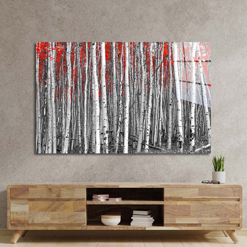 Birch Trees with Red Flowers Glass Wall Art