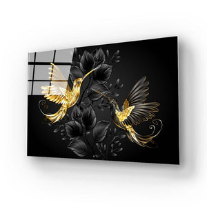 Black Gold Jewelry Humming Birds Glass Wall Art