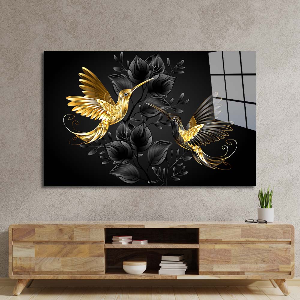 Black Gold Jewelry Humming Birds Glass Wall Art
