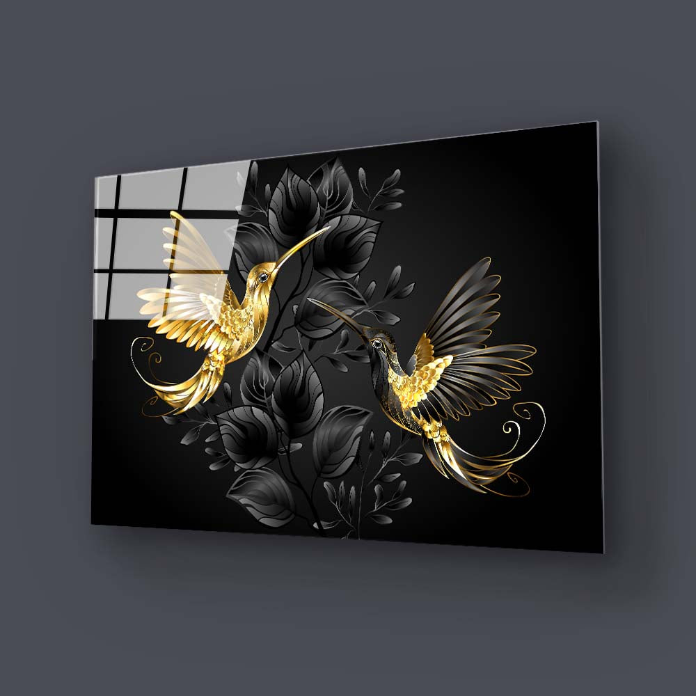 Black Gold Jewelry Humming Birds Glass Wall Art