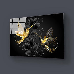 Black Gold Jewelry Humming Birds Glass Wall Art