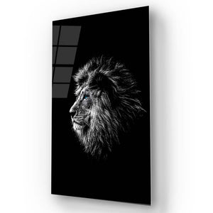 Black and White Lion with Blue Eyes Glass Wall Art