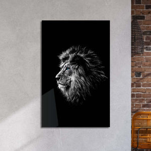 Black and White Lion with Blue Eyes Glass Wall Art