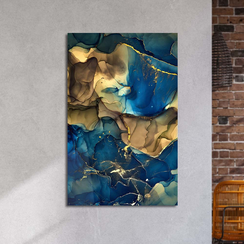 Blue and Gold Alcohol Ink Abstract Glass Wall Art