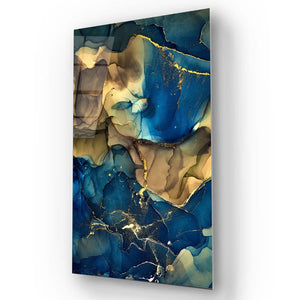Blue and Gold Alcohol Ink Abstract Glass Wall Art