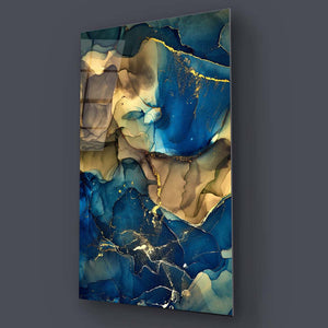 Blue and Gold Alcohol Ink Abstract Glass Wall Art