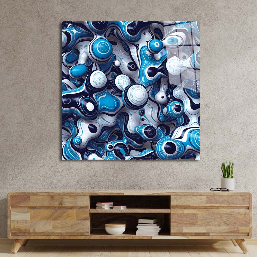 Blue and White Abstract Drops Glass Wall Art