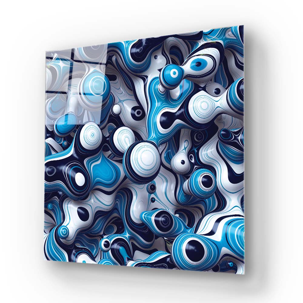 Blue and White Abstract Drops Glass Wall Art
