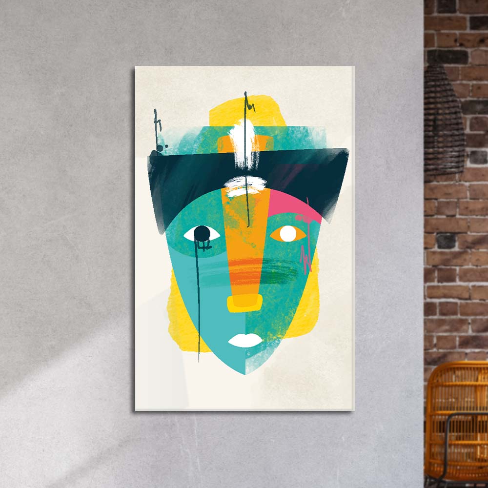 Bright Cubism of a Man with a Hat Glass Wall Art