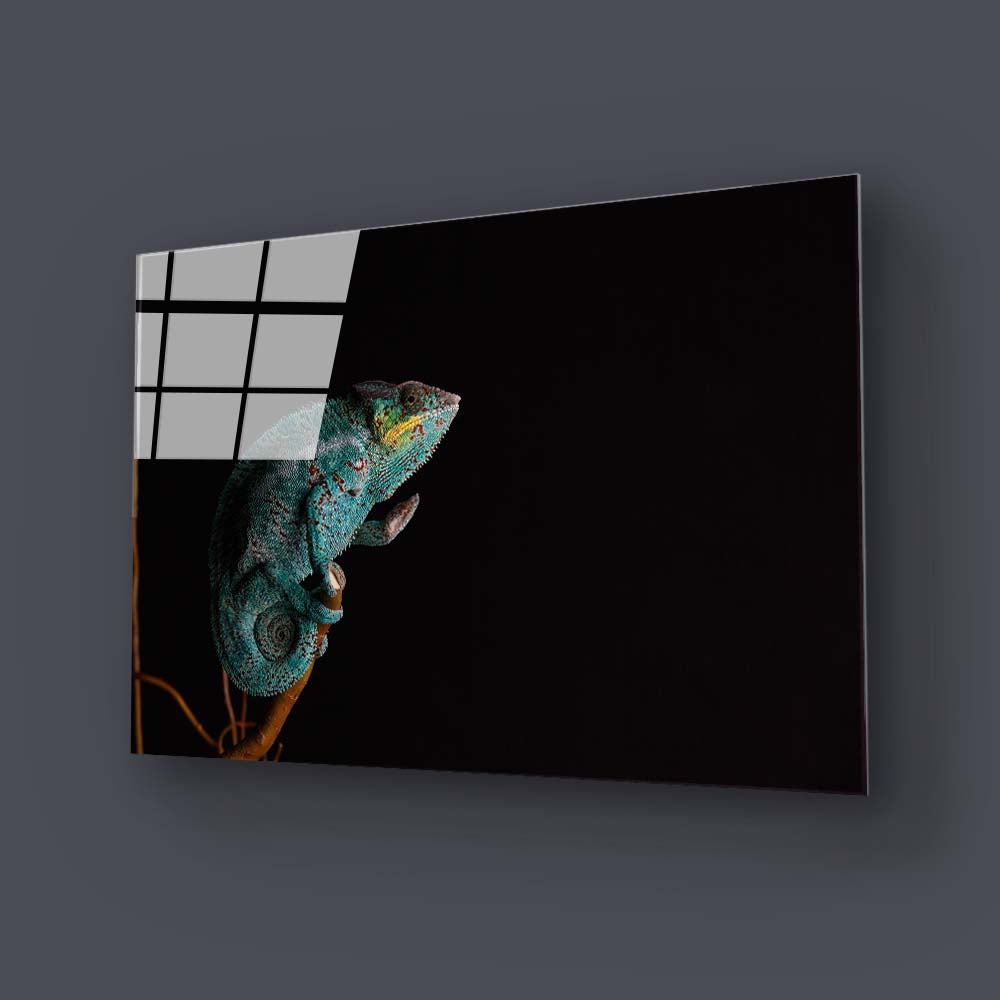 Chameleon Black Background Glass Wall Art