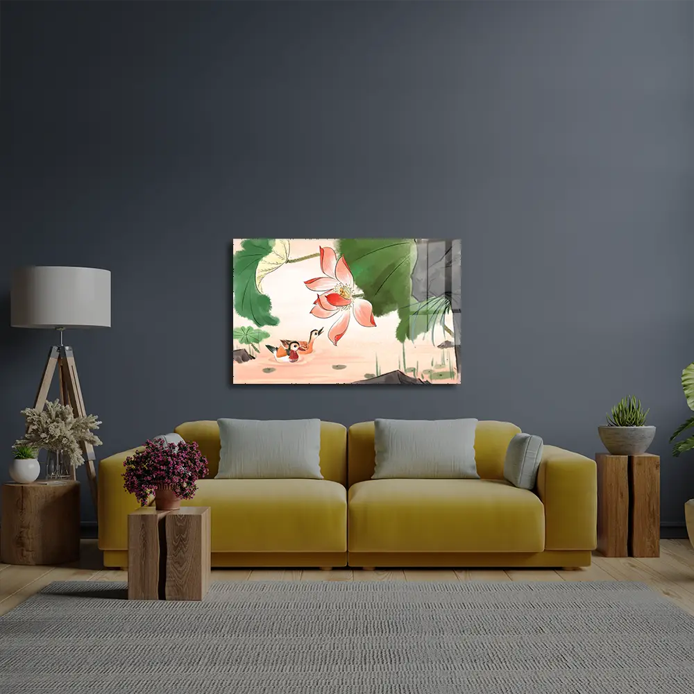 Chinese Style Lotus Glass Wall Art