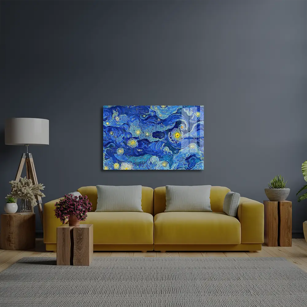 Cloudy Blue Night Sky Stars Glass Wall Art