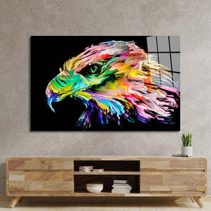 Colourful Eagle Painting in Black Background Glass Wall Art
