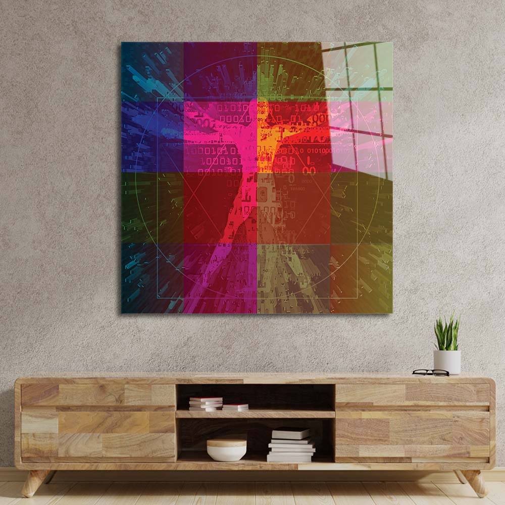Colourful Virtuvian Man Glass Wall Art