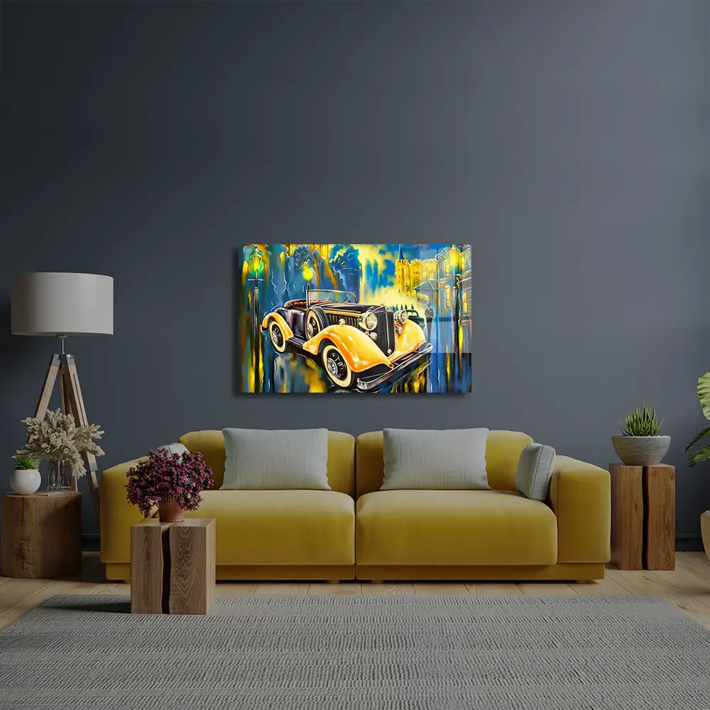 Completely Fictional Old Car Street Glass Wall Art