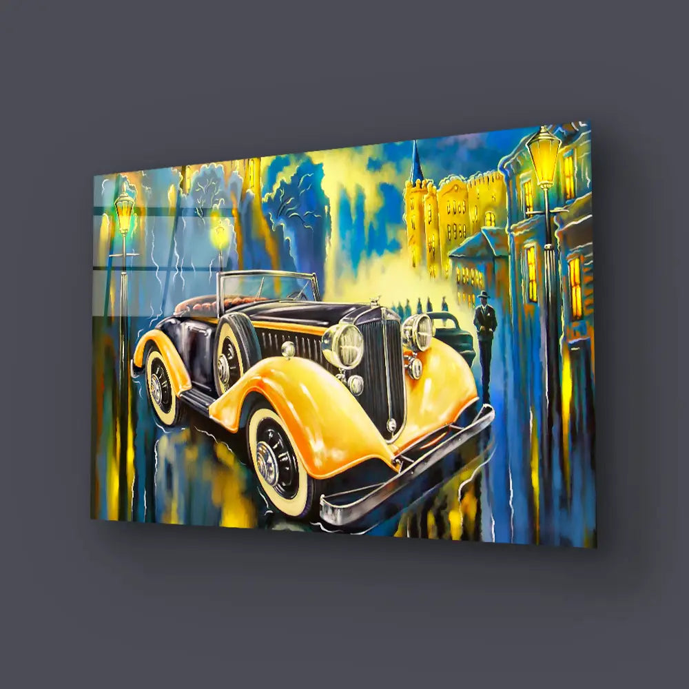 Completely Fictional Old Car Street Glass Wall Art