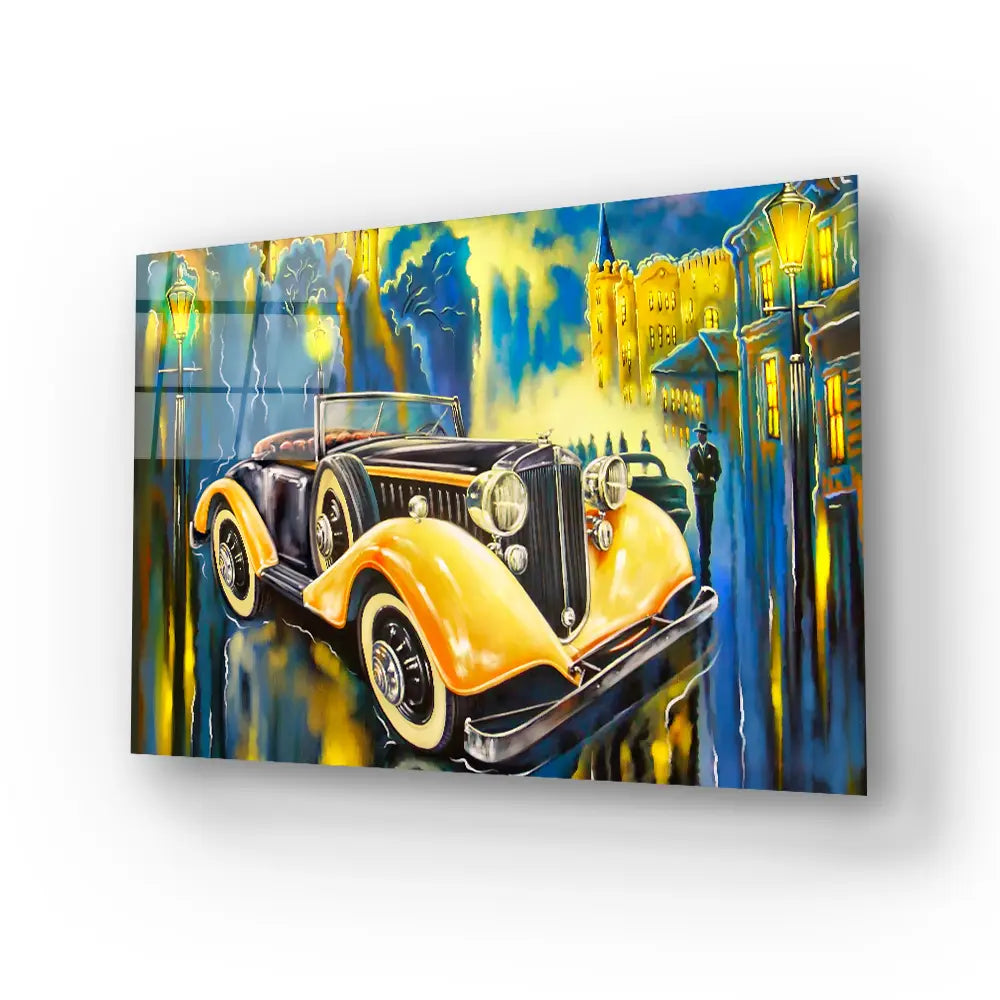 Completely Fictional Old Car Street Glass Wall Art
