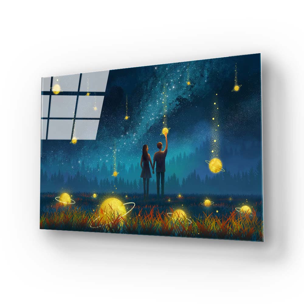 Couple Under Falling Planets Glass Wall Art
