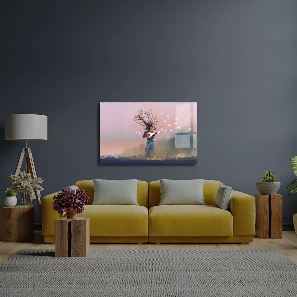 Creature Branch Head Playing Magic Banjo String Instrument Butterflies Glass Wall Art