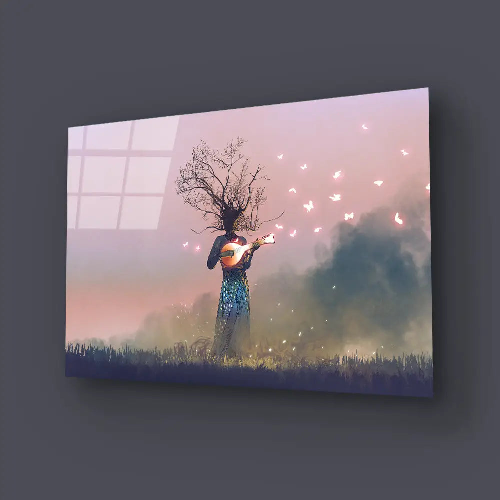 Creature Branch Head Playing Magic Banjo String Instrument Butterflies Glass Wall Art