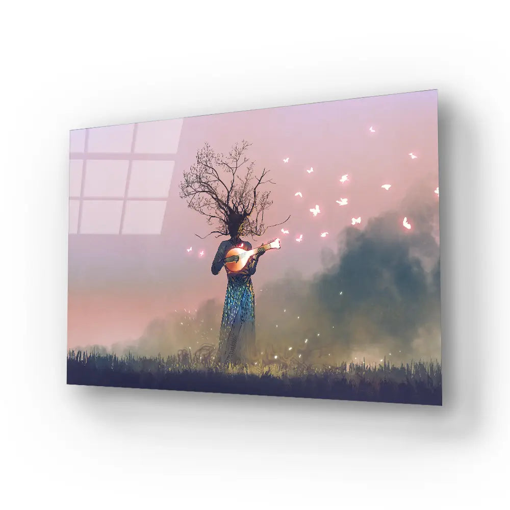 Creature Branch Head Playing Magic Banjo String Instrument Butterflies Glass Wall Art