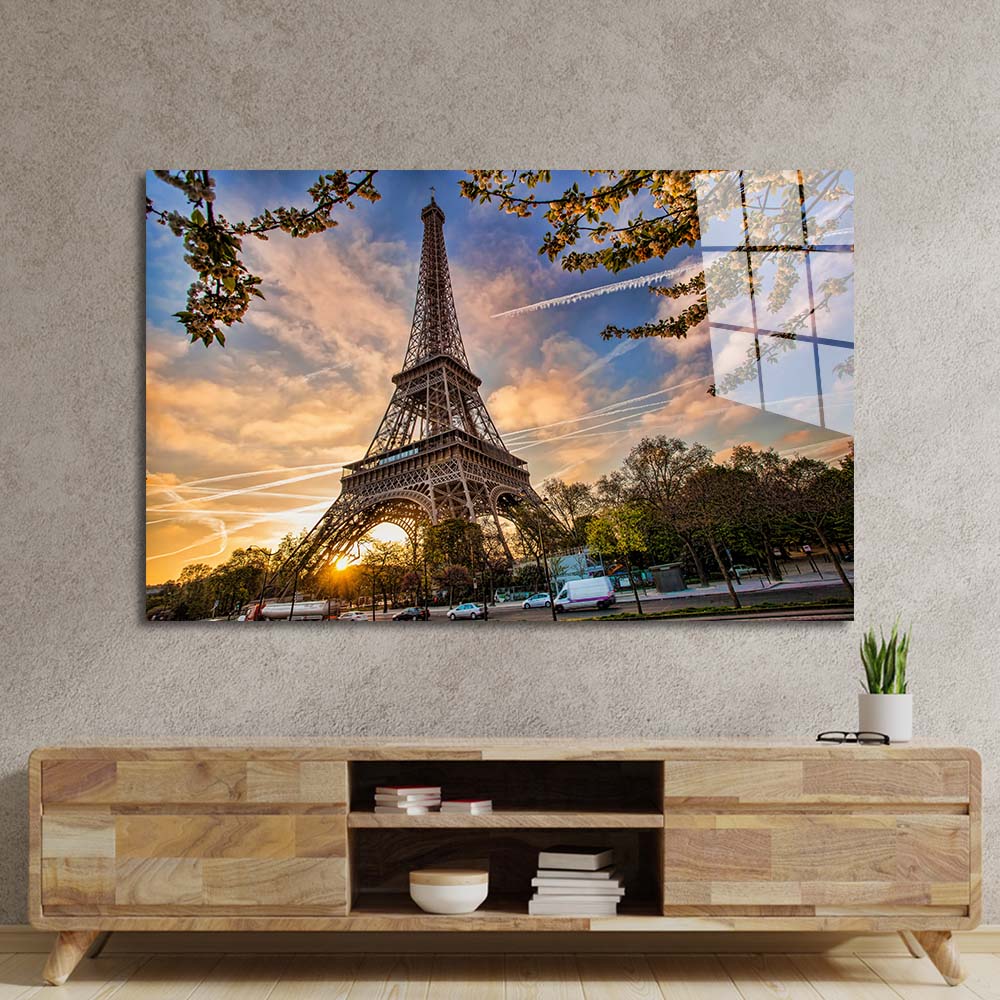 Eiffel Tower Sunset Glass Wall Art