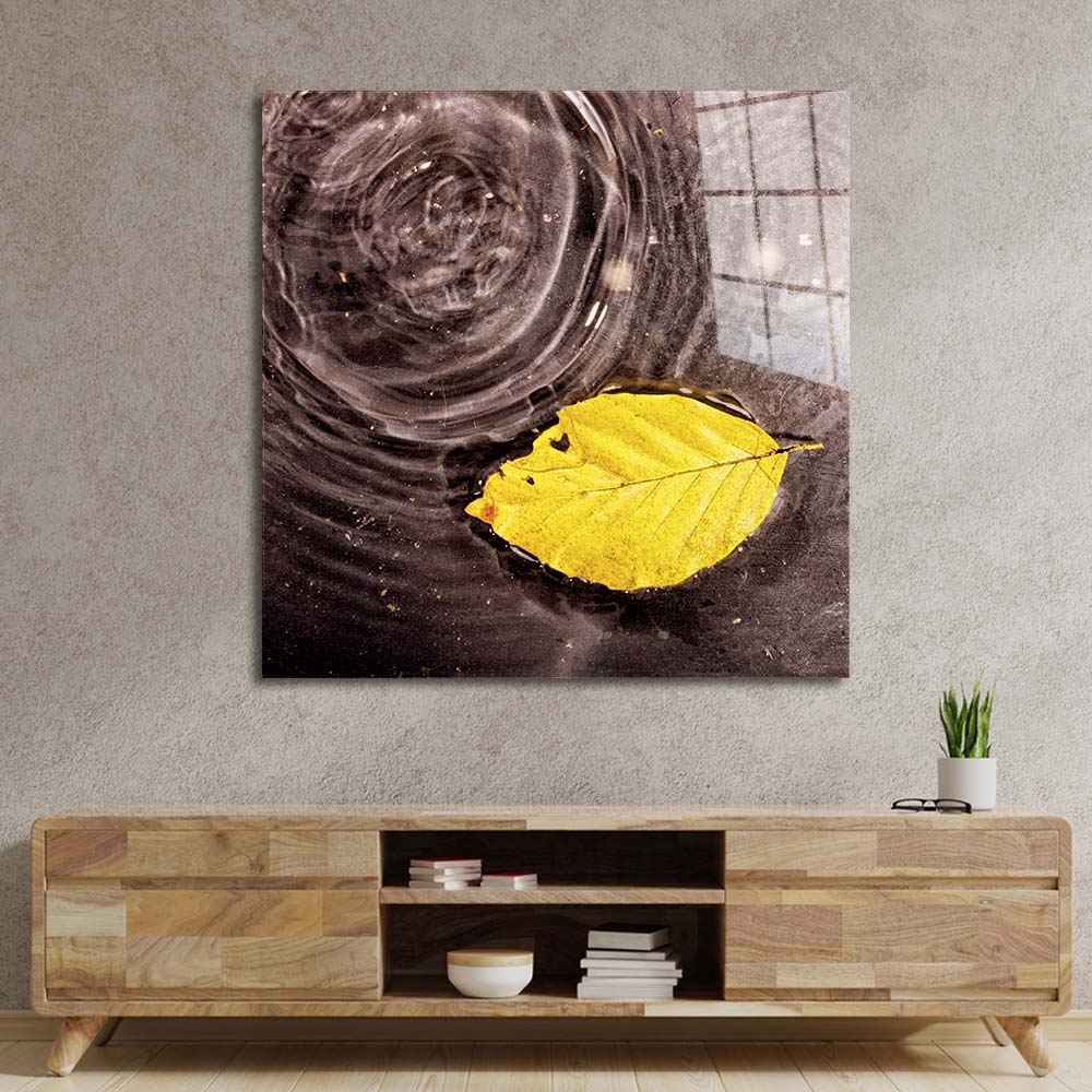 Fallen Autumn Leaf on Water Glass Wall Art