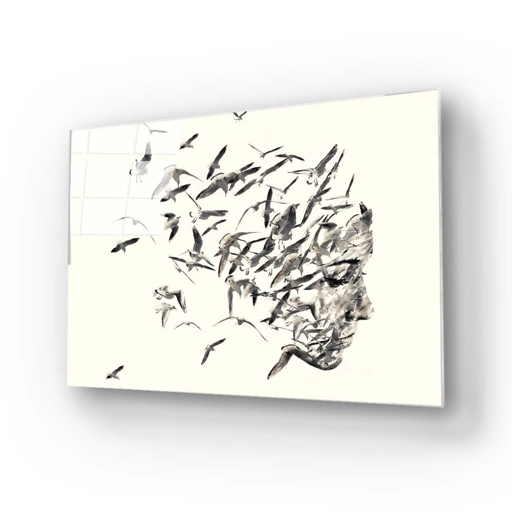 Female Silhouette with Birds Glass Wall Art