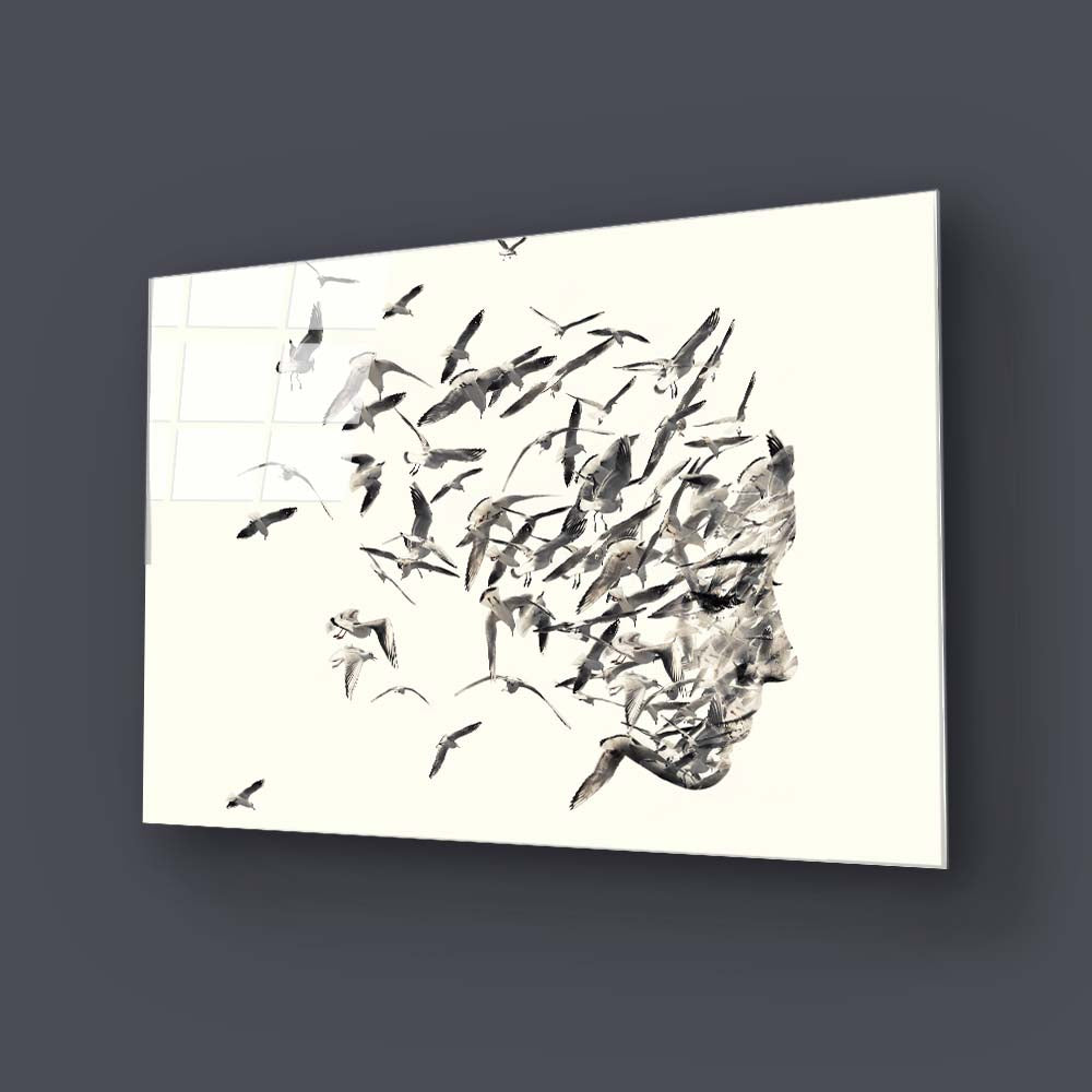 Female Silhouette with Birds Glass Wall Art
