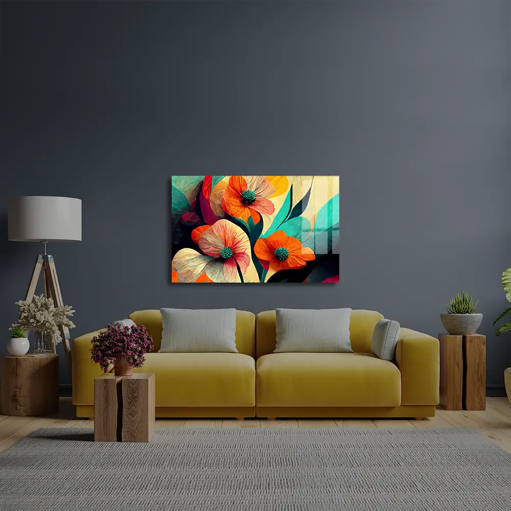 Flower Brush Line Art Glass Wall Art