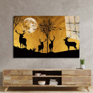 Four Deer in Yellow Moonlight Glass Wall Art