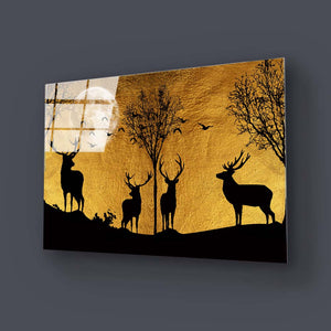Four Deer in Yellow Moonlight Glass Wall Art