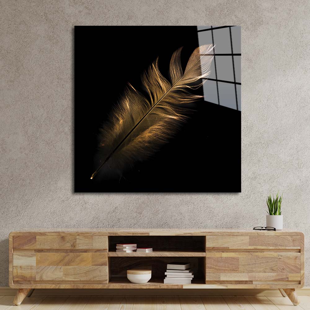 Gold Feather Glass Wall Art