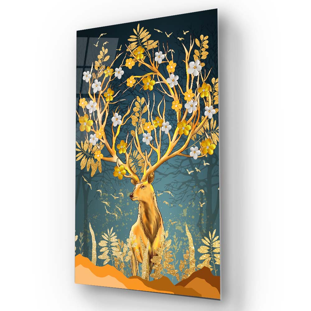 Gold Flowering Stag Glass Wall Art