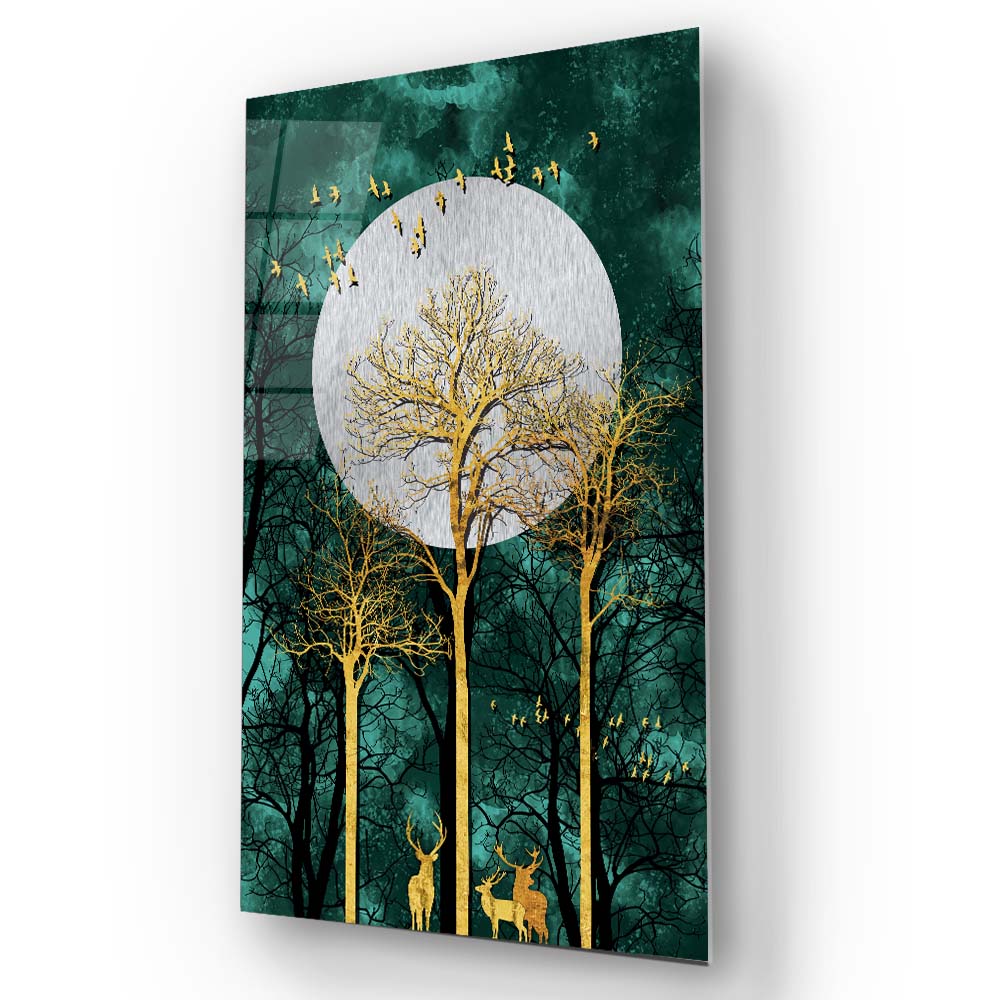 Golden Deer under Moonlight Cut-Out Glass Wall Art