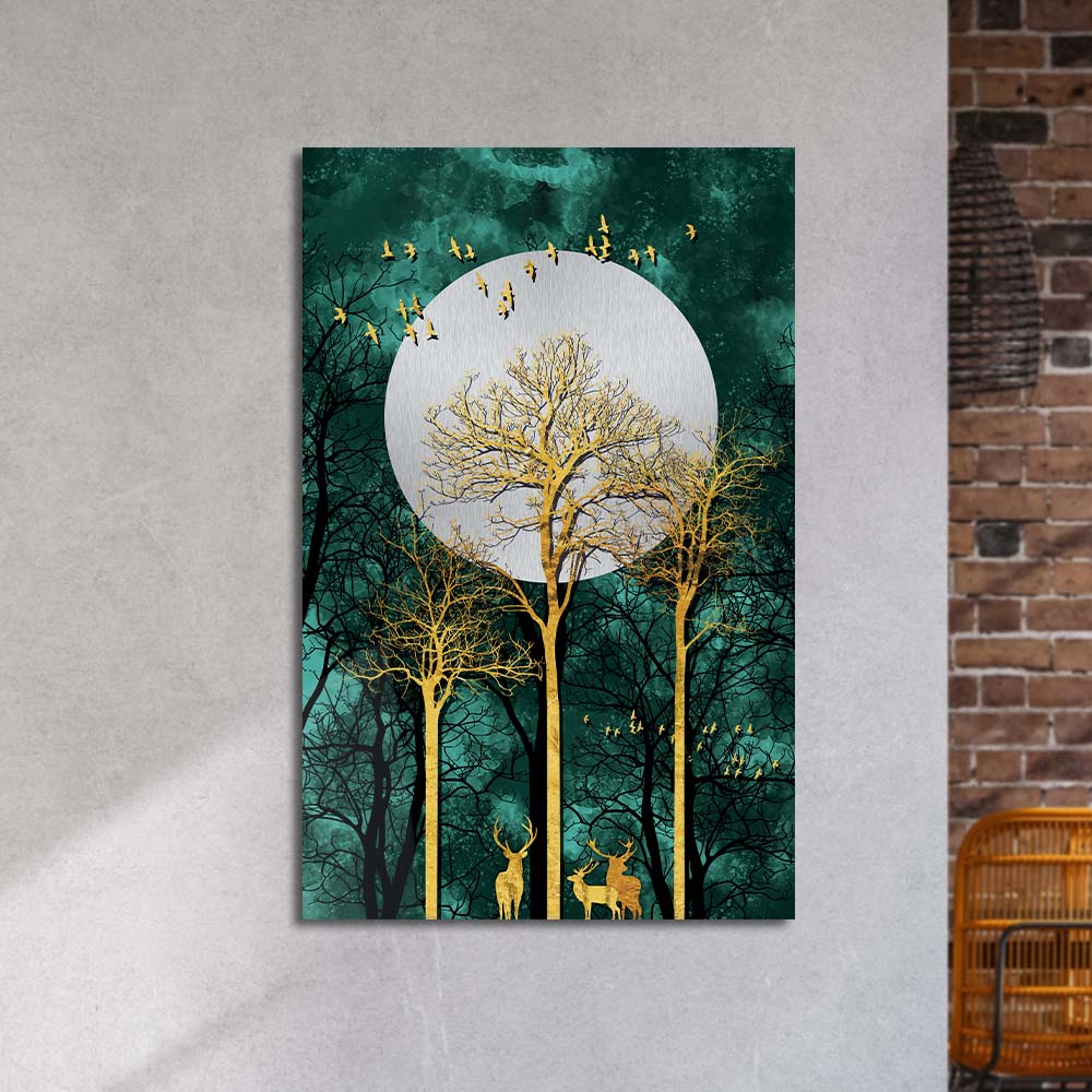 Golden Deer under Moonlight Cut-Out Glass Wall Art