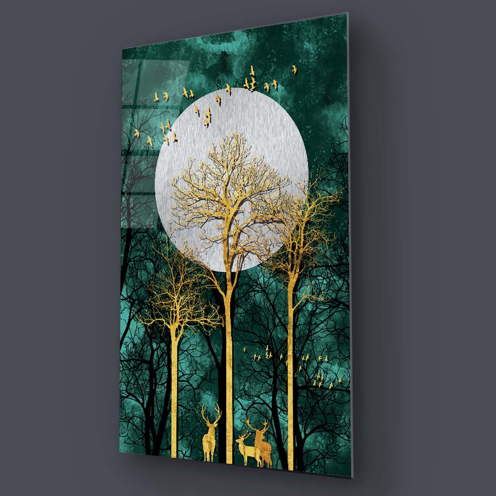 Golden Deer under Moonlight Cut-Out Glass Wall Art